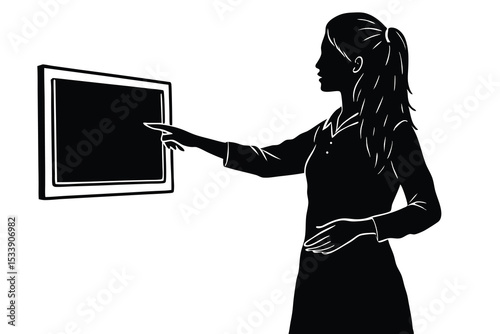 Business woman pointing at display screen illustration with blank space for design
