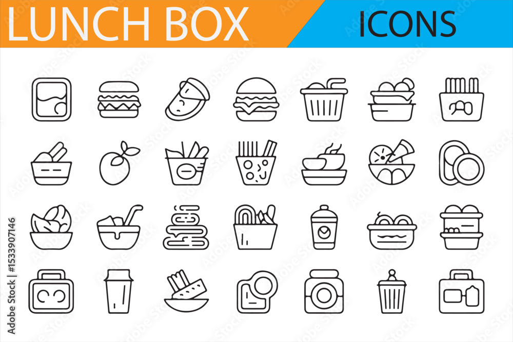 Naklejka premium Icons Representing Lunch Boxes and Meal Prep Containers for Food Storage