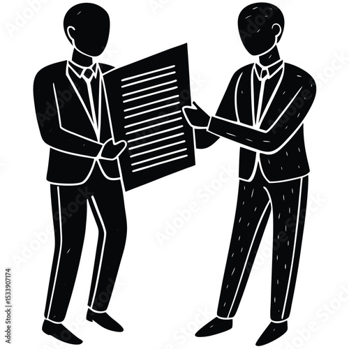 Businessmen reviewing document flat design black and white illustration vector graphic