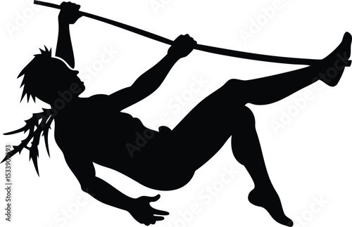 Silhouette of Man Swinging from a Wooden Bar, Winged Figure Illustration