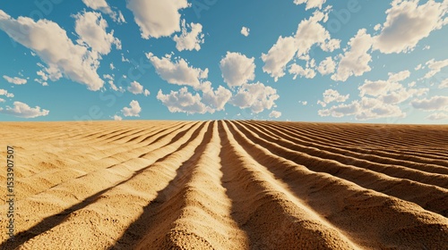 expansive potato farm with furrowed ridges, low sunlight catching the textured soil, sparse clouds casting moving shadows, slight slope adds depth to horizon photo