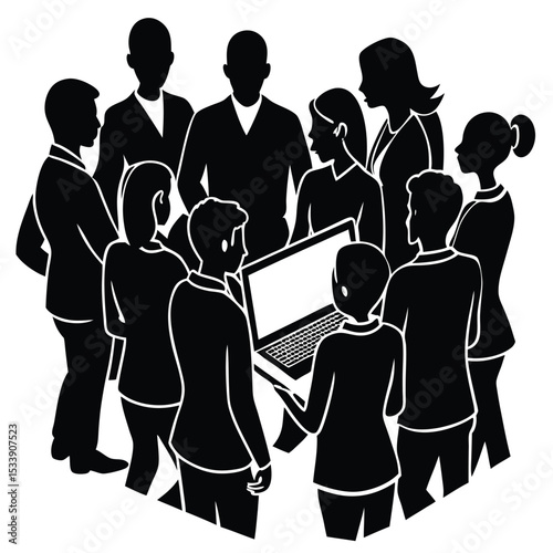 Team of business people gathering around a laptop in silhouette style