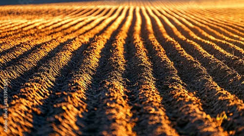 freshly plowed farmland with rich, dark soil, sharp linear furrows leading the eye toward a vanishing point, early sunlight casting long shadows across the terrain