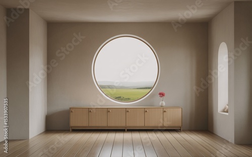 Modern minimalist living room with a circular window showcasing a tranquil landscape.