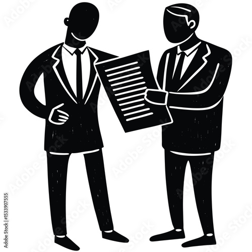 Two businessmen discussing a document in black and white woodcut style