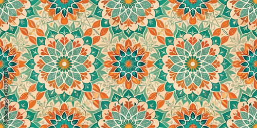 Vibrant floral pattern in turquoise, orange, and cream hues for decorative designs.