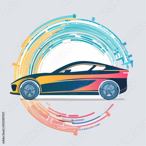 sport car silhouette with vibrant dynamic lines showing motion, surrounded by data streams