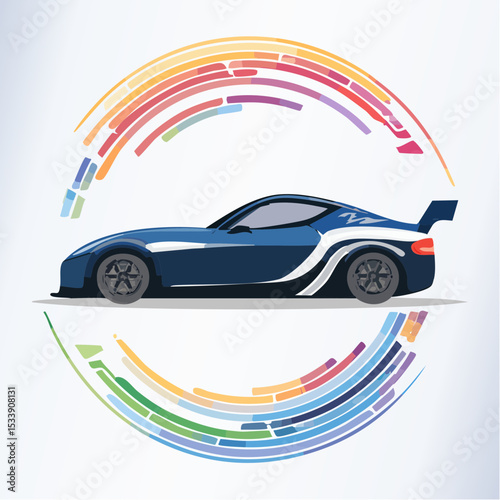 sport car silhouette with vibrant dynamic lines showing motion, surrounded by data streams