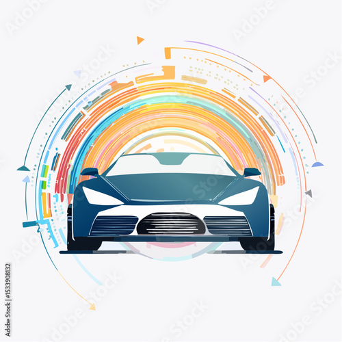 sport car silhouette with vibrant dynamic lines showing motion, surrounded by data streams