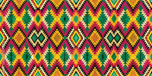 Colorful geometric pattern with vibrant shades of pink, green, and yellow.