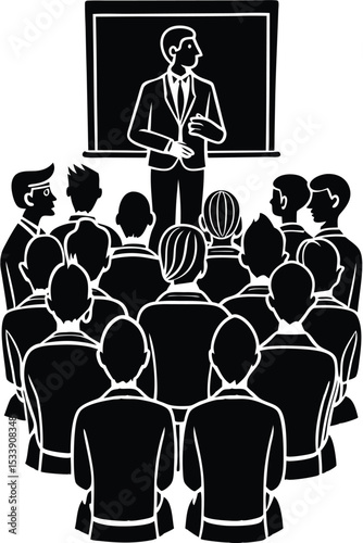 Business presentation featuring speaker addressing audience in black and white vector