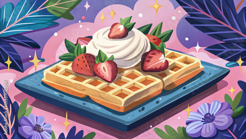 Belgian waffles topped with fresh strawberries and whipped cream classic European dessert concept for breakfast menu, food art, and sweet cuisine themes