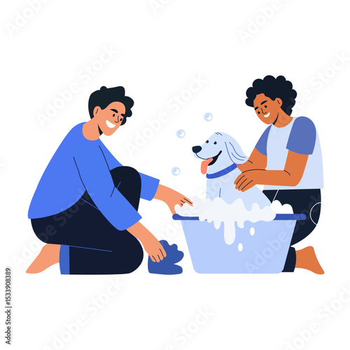 A flat style illustration showing friends doing dog bath