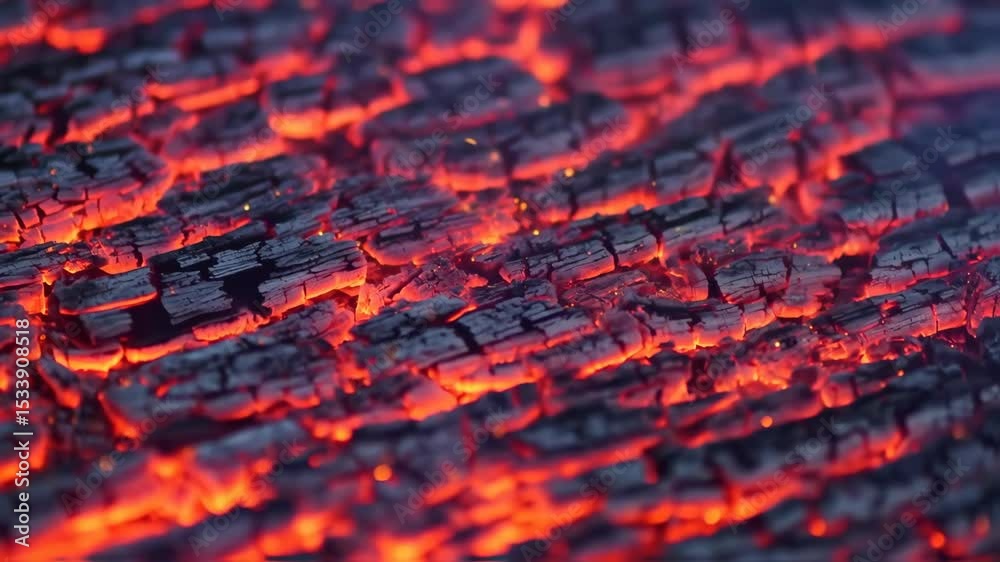 Close-up of glowing embers, fire burning wood into charcoal with heat and bright orange flames and small sparks flickering, a pattern of cracked logs