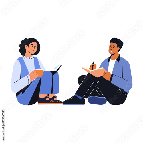 A flat style illustration showing friends studying
