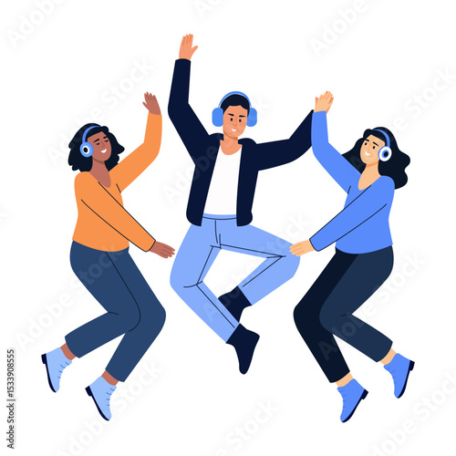 A flat style illustration showing friends dancing together