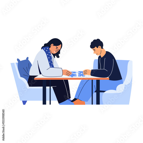 A flat style illustration showing friends solving puzzle