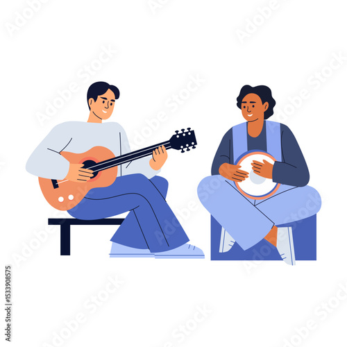 A flat style illustration showing friends strumming guitar