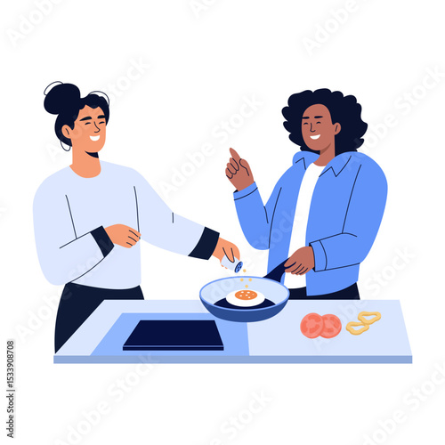 A flat style illustration showing friends cooking together