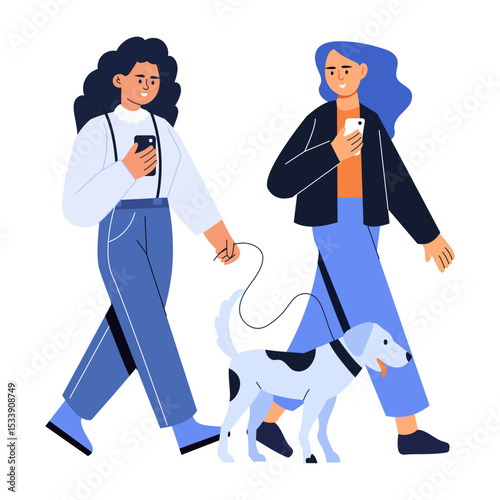 A flat style illustration showing friends with walking dog