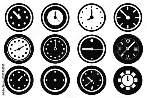 Collection of minimalist black and white clock icons illustrating different times and styles