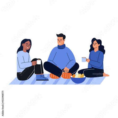 A flat style illustration showing friends picnic
