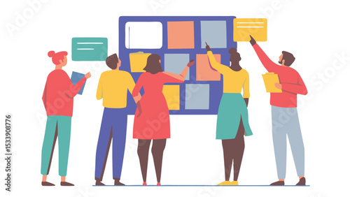 A diverse team collaborating on a project board with sticky notes and documents displayed there too