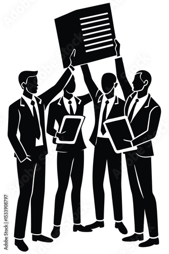 Business team success celebration together holding documents and celebrating achievements illustration