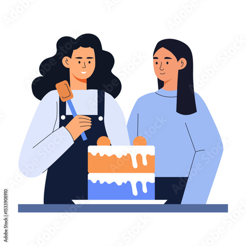 A flat style illustration showing friends enjoying cake decorating