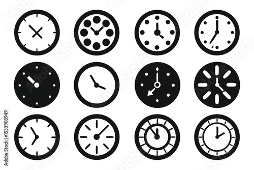 Collection of twelve analog clock icons representing different time variations in black and white