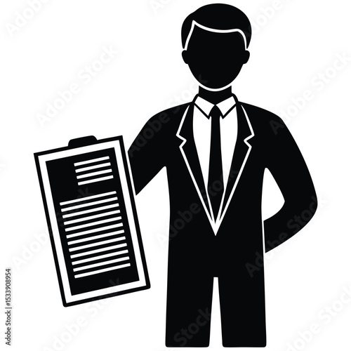 Businessman silhouette holding clipboard with contract document ready for signature