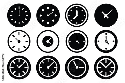 Collection of twelve minimalist clock icons representing different times and design styles