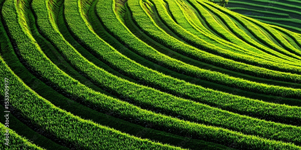 Fototapeta premium terraced agricultural fields on a gentle slope, captured in mid-morning light, layered plant textures, soft mist near horizon, earth tones with scattered vegetation, wide-angle realistic perspective,