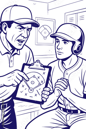 Baseball coach giving strategy talk to player in locker room