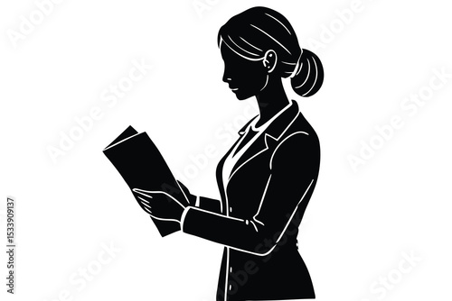 Businesswoman in silhouette reading document financial report monochromatic professional corporate