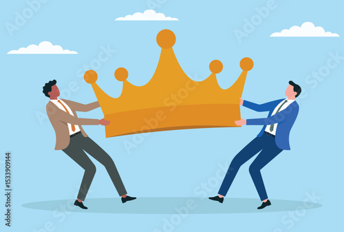 Vector illustration of two businessmen fighting for a crown, representing competition, ambition, and the fight for leadership, dominance, or top position in the corporate world
