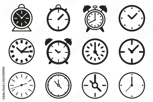 Simple black and white clocks and alarm clocks collection time icon illustration set