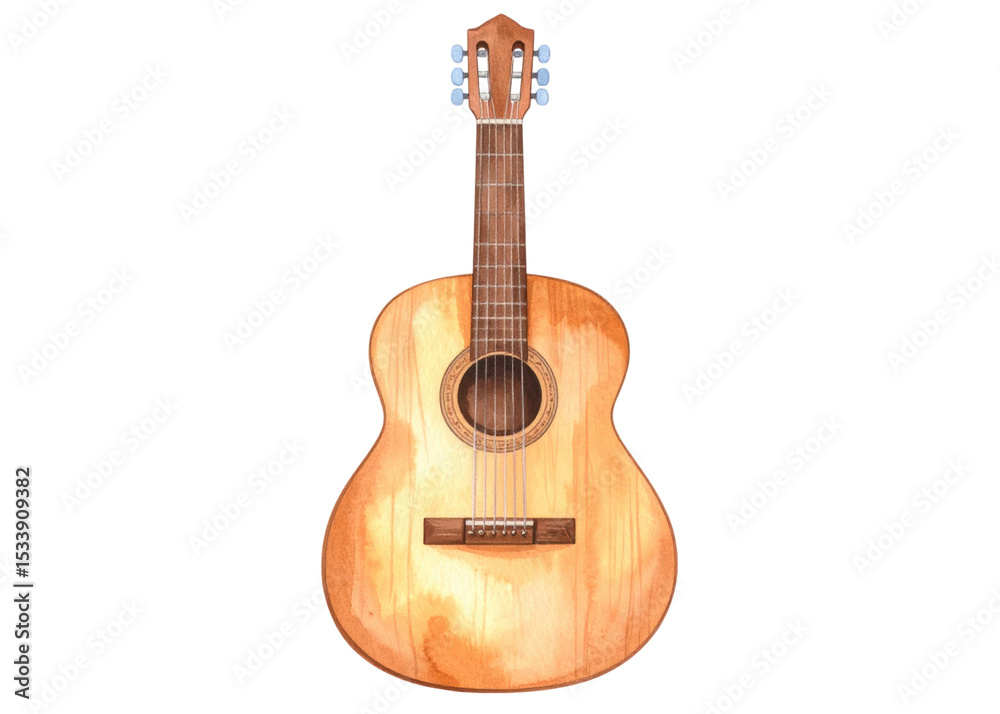 Fototapeta premium A charming watercolor illustration of a classic acoustic guitar, featuring natural wood textures. Perfect for music themed designs or educational materials.