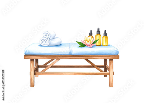 Illustration of a spa massage table equipped with soft towels, essential oils, and a beautiful lotus flower, ideal for themes of wellness and relaxation.