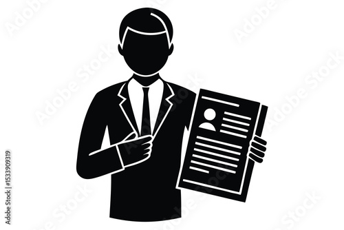 Professional man holding resume for job application in silhouette style vector illustration