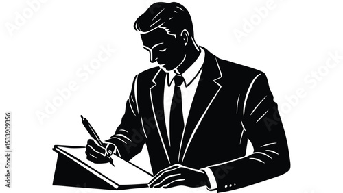 Silhouette of a businessman writing a document on a desk vector illustration