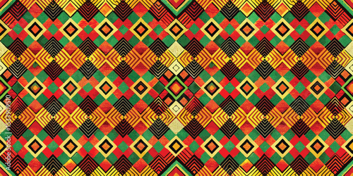 Vibrant geometric pattern in bold colors, showcasing African-inspired designs.