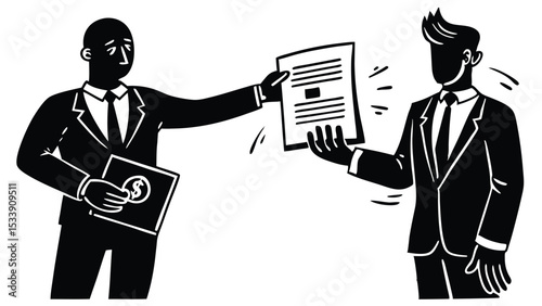 Two businessmen exchanging documents for payment in a stylized black and white illustration