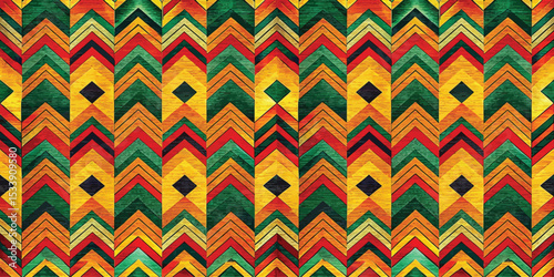 Colorful geometric pattern featuring vibrant shades of green, orange, and yellow.