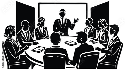 Business meeting illustration team discussing strategy and finance with leader presenting ideas