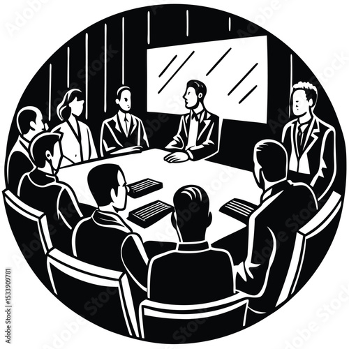 Business meeting in black and white illustration group discussion collaboration