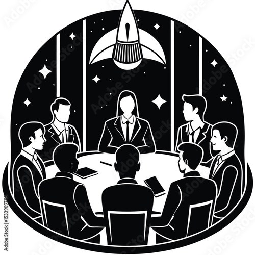 Business meeting with leader and rocketship in space represents ambitious goals