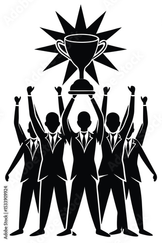 Celebrating success teamwork achievement business professionals holding up trophy vector illustration