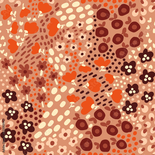 Abstract Hand Drawing Mix Ditsy Flowers Leaves and Branches Seamless Textile Vector Pattern Isolated Background