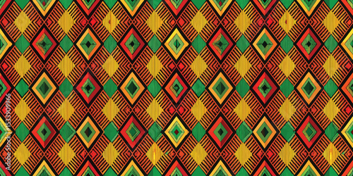 Vibrant geometric pattern with red, yellow, and green tones in a rhythmic design.